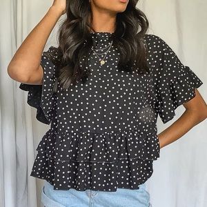 NWT Boohoo Woven Polka Dot Smock Top in Black